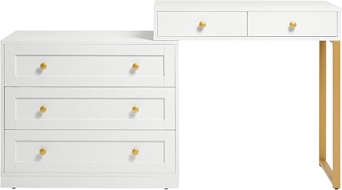 FansaFurn 5-Drawer L-Shaped Vanity Table, Extendable Makeup Vanity Desk with Storage, Modern Dressing Table for Bedroom, Dressing Room, White