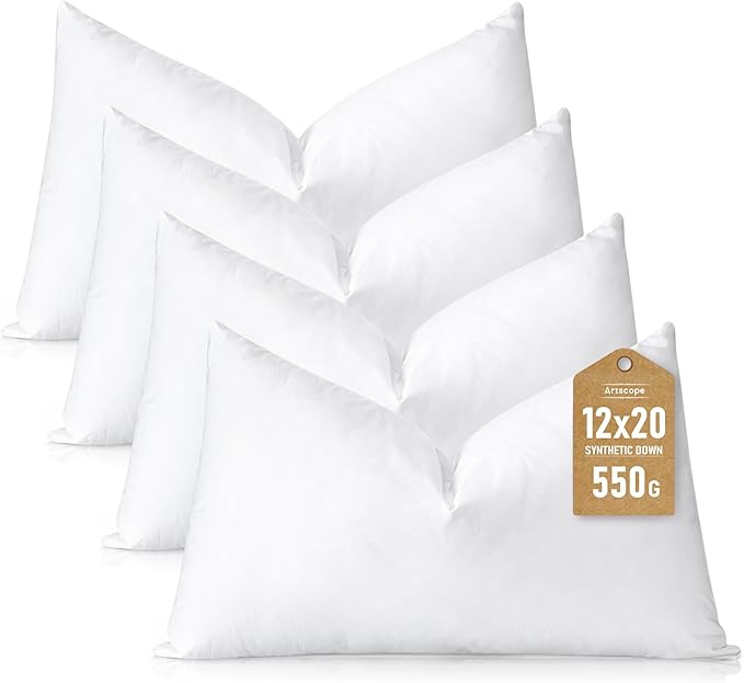 Artscope Synthetic Down Lumbar Pillow Insert, 12x20 Down Alternative Throw Pillow Insert. Ultra Soft Fluffy Sleeping Pillow with 100% Cotton Cover, Decorative Pillows Set of 4-White.