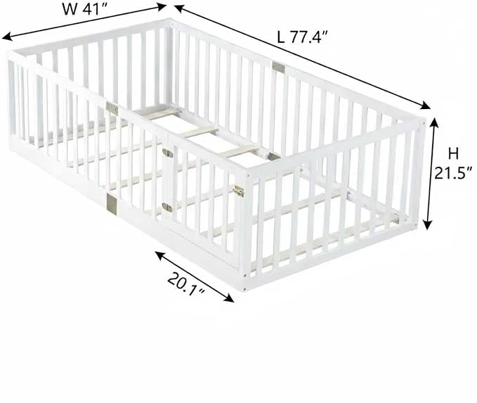 Bellemave Twin Size Montessori Floor Bed with 21.5" High Rails, Rubber Wood Twin Floor Bed with Slats and Door, White