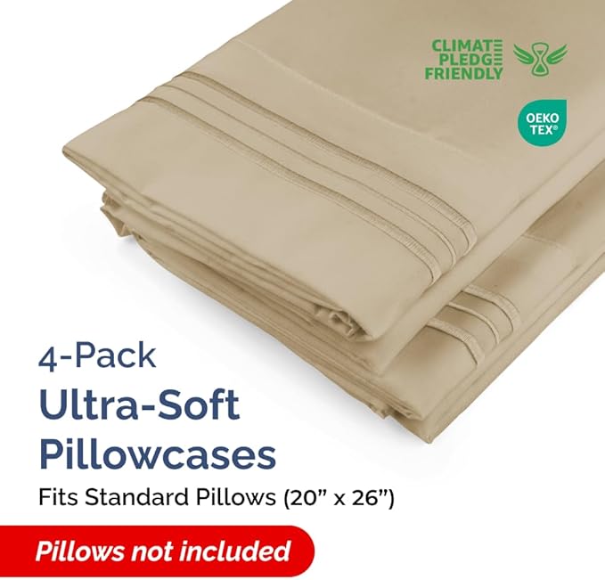 Standard Pillow Cases Set of 4 - Ultra Soft Hotel Quality Pillowcase Covers - Comfy Cozy Bedding for Women, Men, Kids & Teens - Machine Washable Pillow Protectors - 4 Piece Set - Standard Size Beige