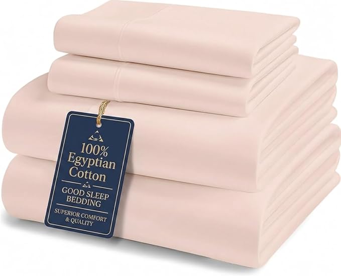 Good Sleep Bedding California King Sheet Sets, 4 Piece, 100% Egyptian Cotton Cal King Sheet Set, Sateen Weave, Ultra-Soft, 16" Deep Pocket California King Sheet Set - Blush
