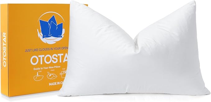OTOSTAR Pack of 1 Down and Feather Throw Pillow Inserts, 12 x 20 Soft Fluffy Pillow Inserts with 100% Cotton Cover Decorative Pillows for Sofa Couch Bed-White