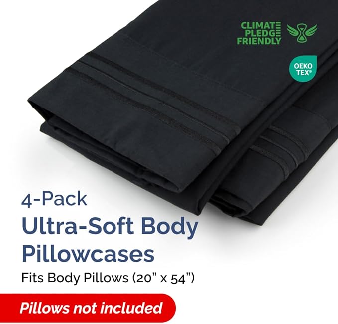 Body Pillowcases Set of 4-20x54 Long Body Pillow Case - Soft Body Pillow Cover for Sleeping & Side Sleepers - Comfy, Cozy Breathable & Fade Free - Machine Washable w/Envelope Enclosure - (Black)