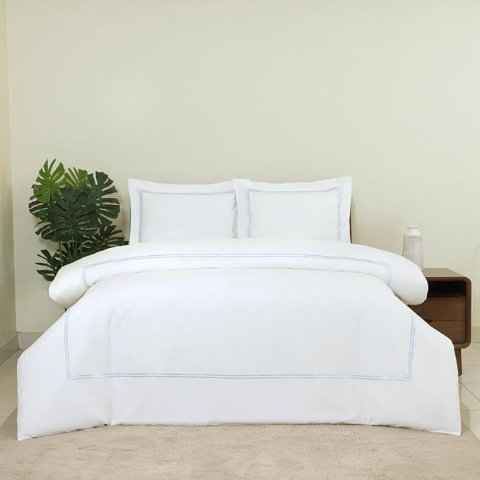 Dreamology White Duvet Cover Luxury Hotel Quality Bedding Set 100% Cotton Embroidered Duvet Covers with 2 Pillow Shams Hypoallergenic Zipper Closure 3 Pieces Duvet Set (Sky Blue, Full)