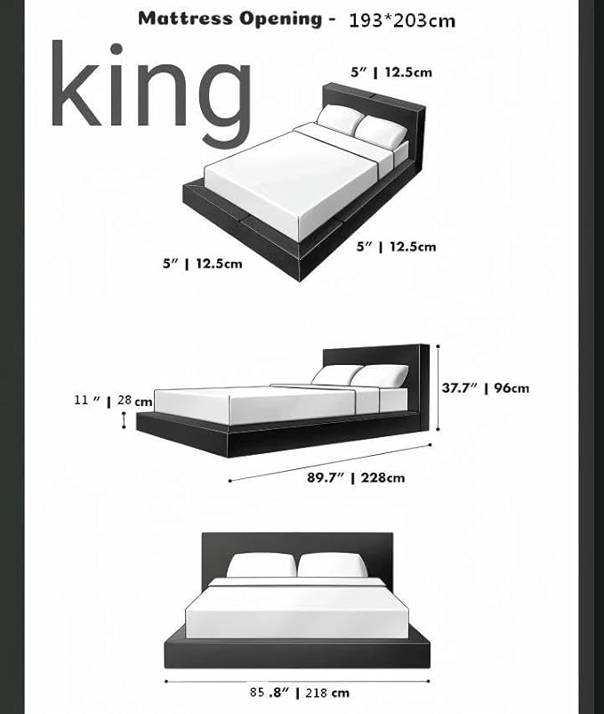 Square Bed – Washable Cover - Soft Upholstered Linen - Minimalist Modern - Sold Separately (Waterproof Black Linen, King Base)