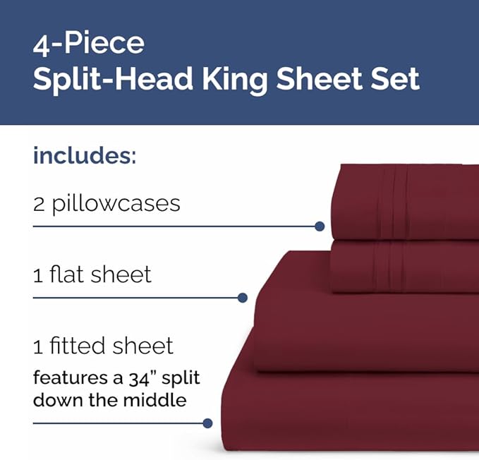 Flex Top Split Head King 4 Piece Sheet Set - Soft, Breathable & Cooling Bed Sheets Set - Hotel Luxury Bedding for Women & Men with Deep Pockets - Wrinkle Free & Fade Resistant - Oeko-Tex - Burgundy