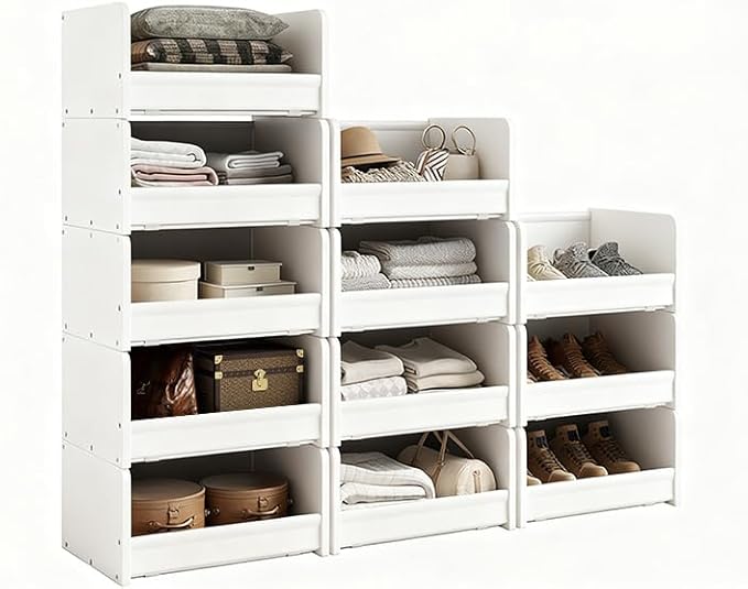 FOUCSSOMEI 4-Tier Stackable Closet Organizers and Storage, Closet Shelves – Heavy-Duty Stackable Closet Darwers Wood & Metal, Easy Assembly, Space-Saving,White, Patent Design