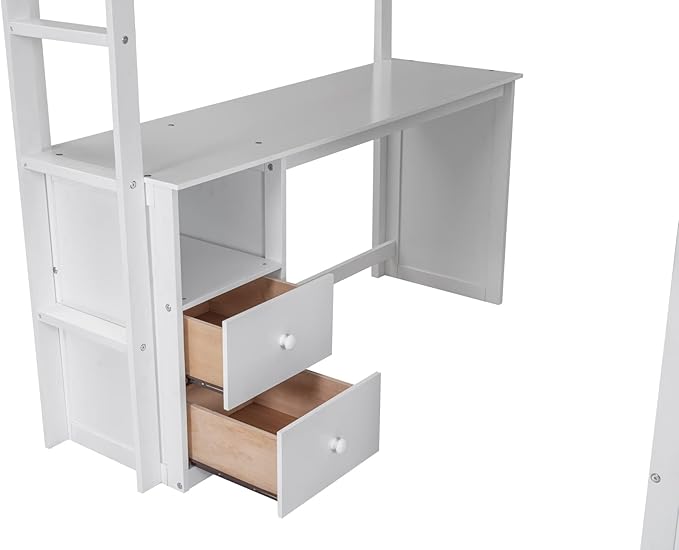 Modern Full Size Loft Bed with Wardrobes and 2-Drawer Desk with Cabinet,Multifunctional Wood Loft Bed for Bedroom,No Box Spring Required (White#Wardrobes, Full)