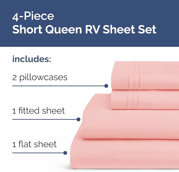 Short Queen Size 4 Piece Sheet Set - RV Short Queen, Soft, Breathable & Cooling Bed Sheets Set with Deep Pockets - Hotel Luxury Bedding for Women & Men - Wrinkle Free and Fade Resistant - Baby Pink