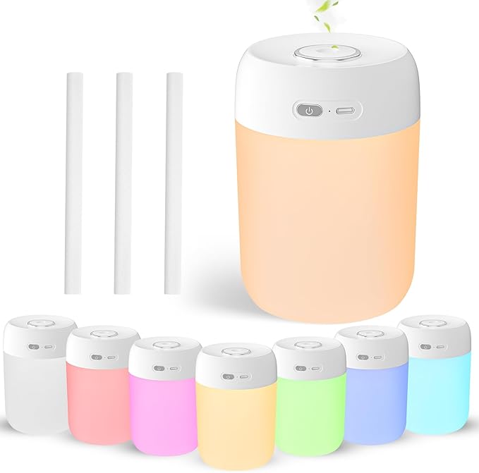 Portable Small Humidifier, 650ml Colorful Mini Humidifier, 7 Colors&Warm Light, Humidifiers for Bedroom, Office, Dsektop(White)
