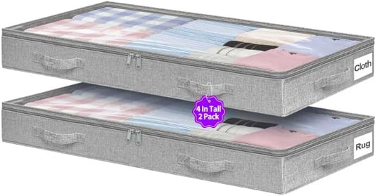 Below 4 Inches High Under Bed Storage, Low Profile Underbed Storage Containers, NO RIGID STRUCTURE, Foldable & Thin Storage Bags, Clothes Organizer w/Clear Lid & Zipper, 2-Pack, 20x40x3.7 Inches, Gray
