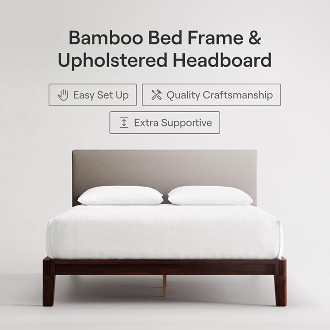 Nectar Bamboo Platform Bed Frame & Upholstered Headboard - Twin XL - Walnut/Slate - Floating Center Support Legs -12” Height - Easy Tool Free Set Up - Sturdy Wooden Support Slats - Holds Up To 500 lbs