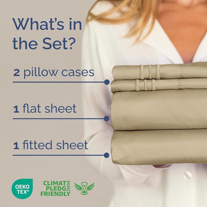 Cal King Size 4 Piece Sheet Set - Comfy Breathable & Cooling Sheets - Hotel Luxury Bed Sheets for Women & Men - Deep Pockets, Easy-Fit, Extra Soft & Wrinkle Free Sheets - Beige Oeko-Tex Bed Sheet Set