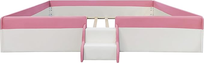 Merax King Size Kids Floor Bed, Daybed Frame with Fence and Stairs, White+Pink Upholstered Wood Bed for Living Room