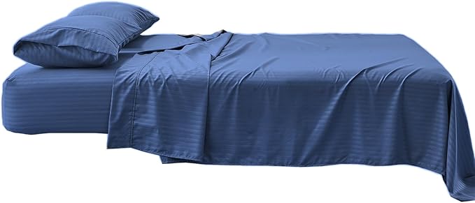 Kingnex Striped RV Short Queen Sheets Set for 60 x 75 Camper Bed with up to 15 Deep Soft Brushed 1800 Microfiber 4 Piece Bedding Set 60x75 Navy