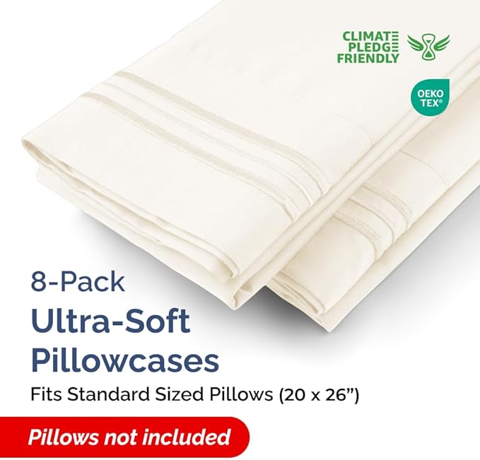 Standard Pillow Cases Set of 8 - Ultra Soft Hotel Quality Pillowcase Covers - Comfy, Cozy & Wrinkle Free - Shrink, Stain & Fade Resistant - Machine Washable Pillow Protectors - 8 Piece Set - Off White