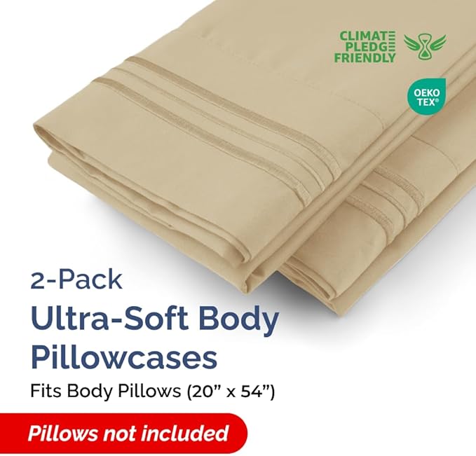 Body Pillowcases Set of 2-20x54 Long Body Pillow Case - Soft Body Pillow Cover for Sleeping & Side Sleepers - Comfy, Breathable, Wrinkle & Fade Free - Machine Washable w/Envelope Enclosure (Beige)