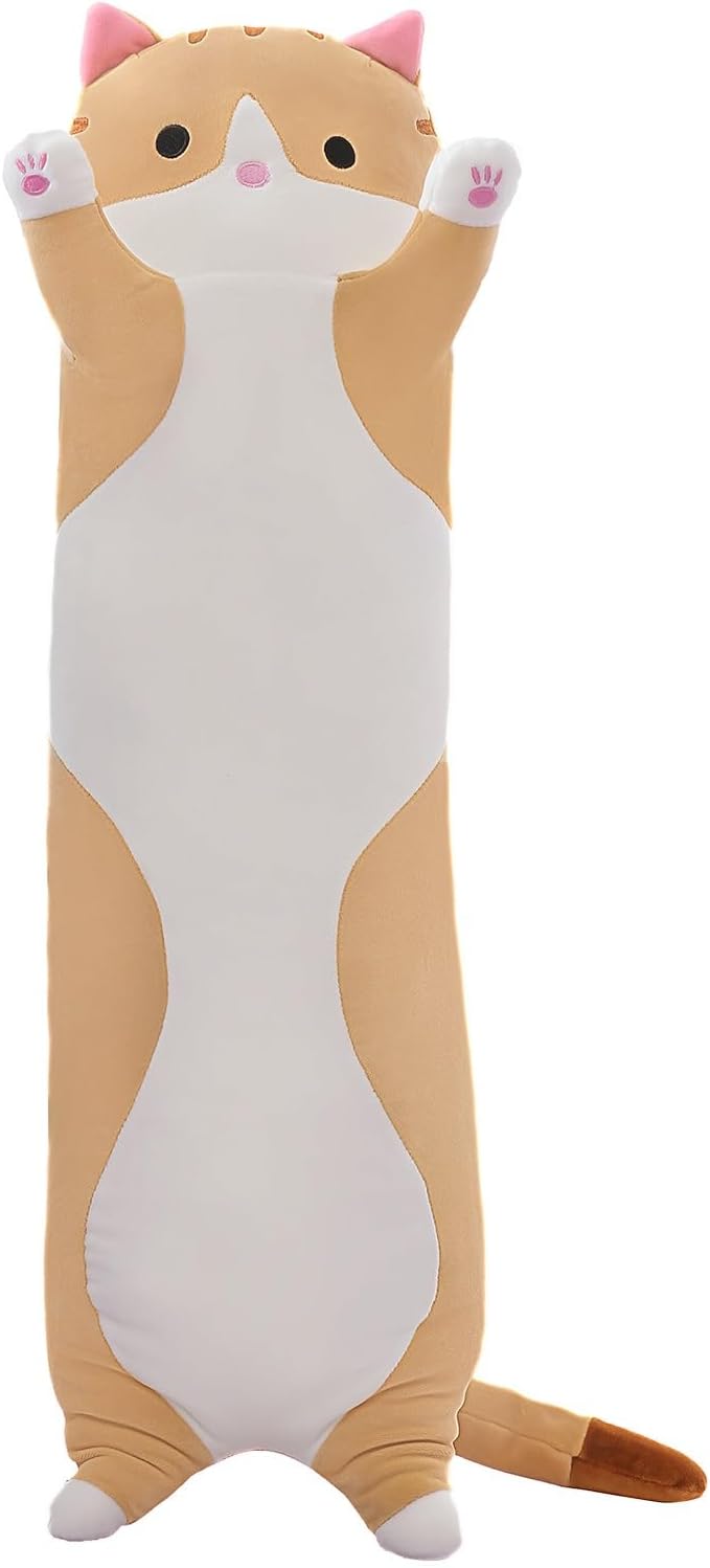 Cute Cat Plush Long Body Pillow – Soft Cartoon Stuffed Animal Doll, Kawaii Cat Plushie Cuddle Toy for Kids, Girls & Girlfriend (Brown, 59 Inch)
