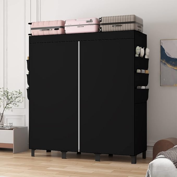 Portable Closet, 51.18" Large Capacity Clothing Storage Organizer with 3 Hanging Rods 6 Shelves 18 Side Pockets, Dustproof Sturdy Wardrobe for Bedroom Dorm Rental Apartment(Black, Large)