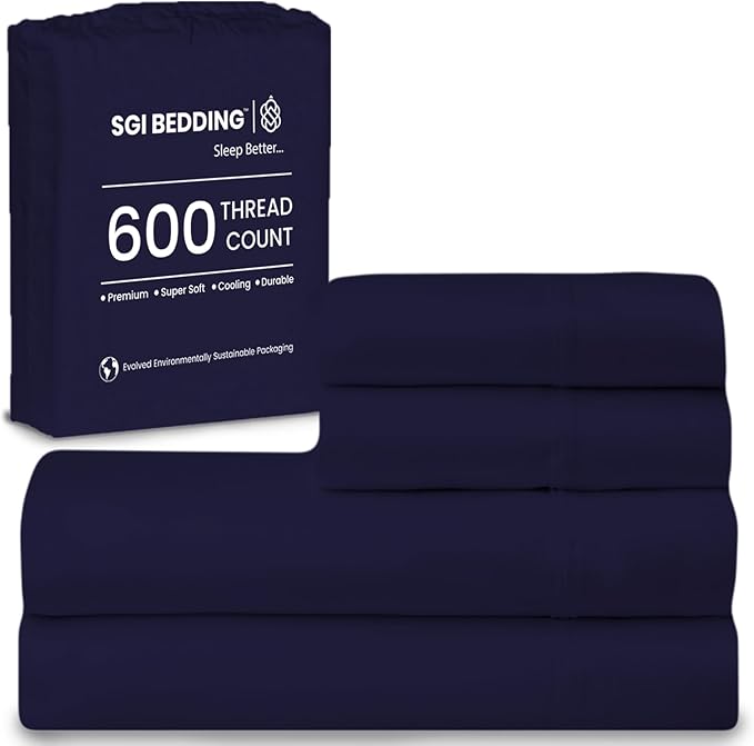 SGI bedding 100% Egyptian Cotton Sheets RV King Size – 600 Thread Count Sheets Set, Soft, Cooling, 15" Deep Pocket, Luxury Hotel Bedding, Breathable, Durable - Navy Blue