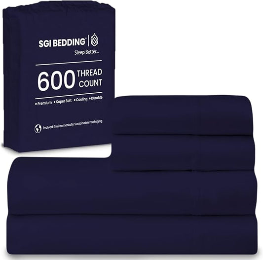 SGI bedding 100% Egyptian Cotton Sheets King Size – 600 Thread Count Sheets Set, Soft, Cooling, 15" Deep Pocket, Luxury Hotel Bedding, Breathable, Durable - Navy Blue