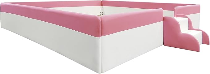 Merax King Size Kids Floor Bed, Daybed Frame with Fence and Stairs, White+Pink Upholstered Wood Bed for Living Room