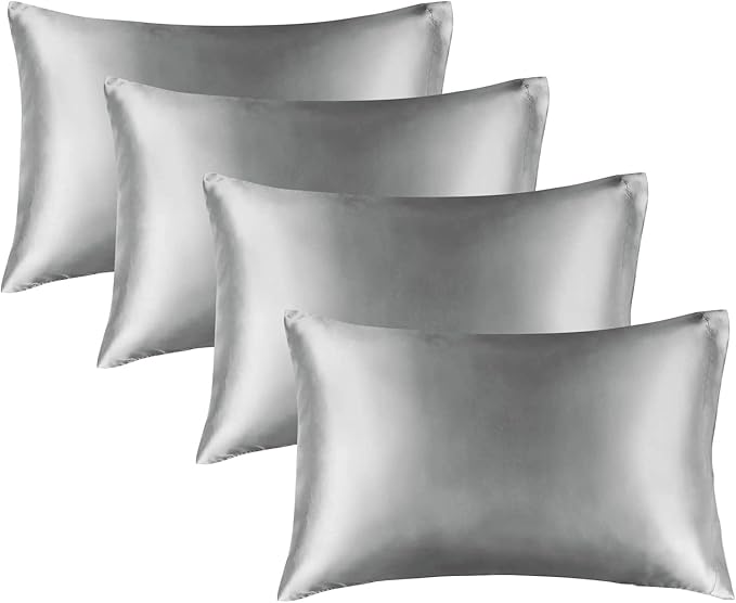 BEDELITE Satin Pillowcase for Hair and Skin, Super Soft Similar to Silk Pillow Cases 4 Pack with Envelope Closure, Cooling Pillowcases for Women Men (20"x36" King Size, Grey)