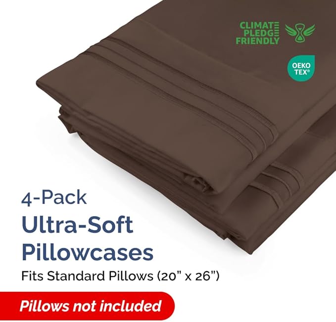 Standard Pillow Cases Set of 4 - Ultra Soft Hotel Quality Pillowcase Covers - Comfy Cozy Bedding for Women, Men, Kids & Teens - Machine Washable Pillow Protectors - 4 Piece Set - Standard Size Brown