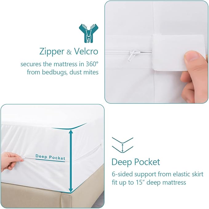 Full Waterproof Zippered Mattress Encasement, Breathable, Noiseless, Machine-Washable Zipped Mattress Cover, Fitting 7" - 13" Deep Mattress 2 Pack