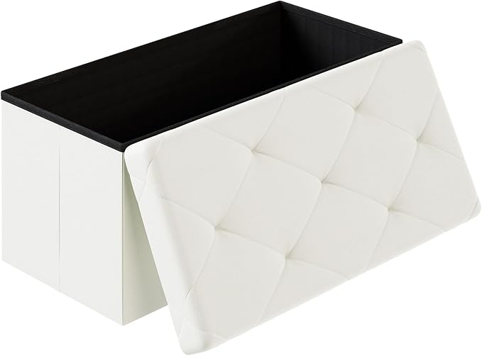 Sweetcrispy 30 Inches Folding Ottoman with Storage Bench, Foot Rest Stool, End of Bed Storage Bench Upholstered, Load 660 lbs, for Living Room, Synthetic Leather, Beige