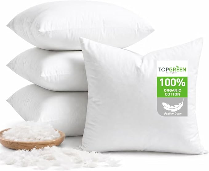 TOPGREEN Feathers Down Pillow Inserts 18x18 (Set of 4, White), 100% Organic Cotton Shell, Soft Decorative Square Throw Pillow for Living Room Sofa, Couch, or Bed