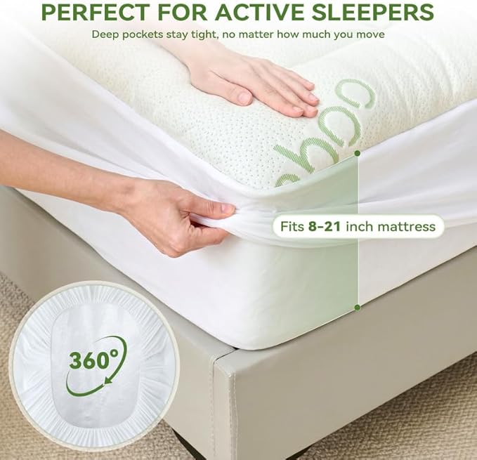 BDEUS Twin Mattress Topper Viscose Derived from Bamboo, 100% Waterproof Thick Pillow Top Mattress Pad for Back Pain Relief, Naturally Cooling for Hot Sleepers, Green