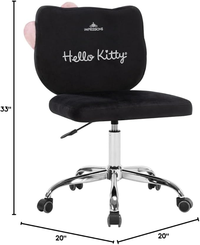 Impressions Vanity Hello Kitty Kawaii Swivel Vanity Chair for Makeup Room, Adjustable Height Cute Desk Chair with Wheels Rolling, Comfy Polyurethane Foam Back Armless Chair for Dorm (Black)