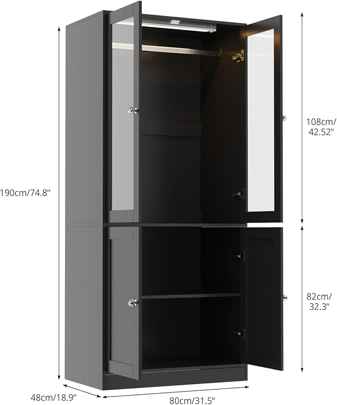 VOWNER 75" Tall Armoire Wardrobe Closet with Drawers & Lights, Clothing Storage Cabinet with 2 Glass Doors & Hanging Rod, Wooden Armoire Storage Cabinet for Bedroom (Black, 75''H)