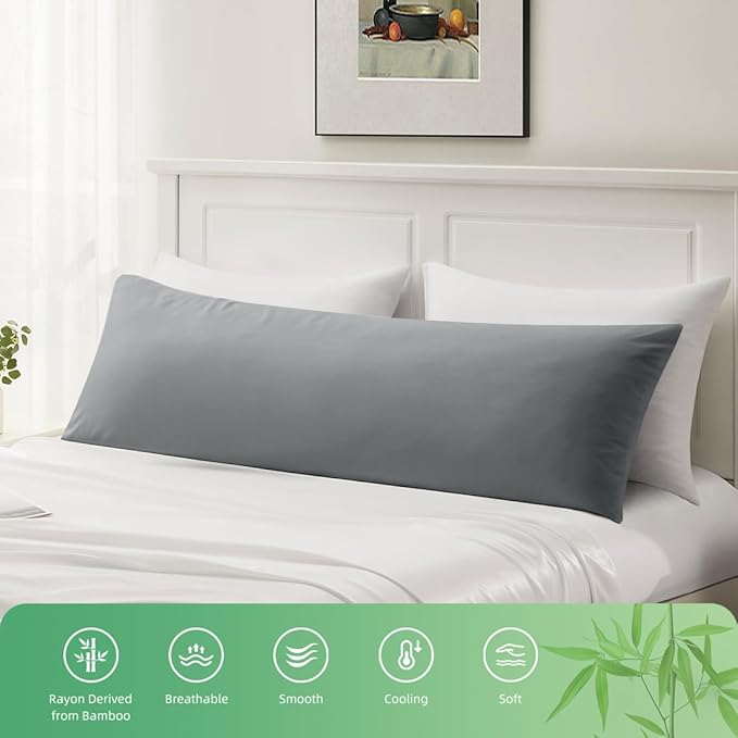 Body Pillowcase, Cooling Viscose from Bamboo Pillow Cover with Zipper Closure, Soft Moisture-Wicking for Hot Sleepers, Hair and Skin-Friendly, Light Grey, 1 Pack