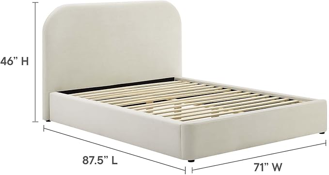 Modway Keynote Modern Queen Bed Frame with Curve Shaped Headboard in Alabaster, Upholstered in Performance Velvet, Queen Size Platform Bedain-Resistant Velvet Bed, Soft Cloud Bed Frame