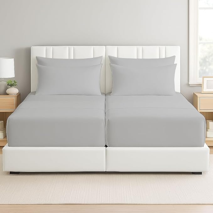 7 Piece Split King Sheet Set, 100% Egyptian Cotton, 16 Inch Deep Pockets, Light Grey Solid, Soft and Durable Sheets for Adjustable Beds, Sleep Number Beds, Split King Sheets