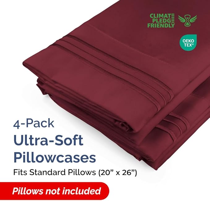 Standard Pillow Cases Set of 4 - Ultra Soft Hotel Quality Pillowcase Covers - Comfy Bedding for Women, Men, Kids & Teens - Machine Washable Pillow Protectors - 4 Piece Set - Standard Size Burgundy