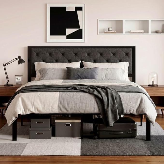 SHA CERLIN King Size Metal Platform Bed Frame,Linen Upholstered Button Tufted Headboard, Mattress Foundation with 12.4” Under-Bed Storage, Noise-Free, Easy Assembly, No Box Spring Needed, Dark Grey