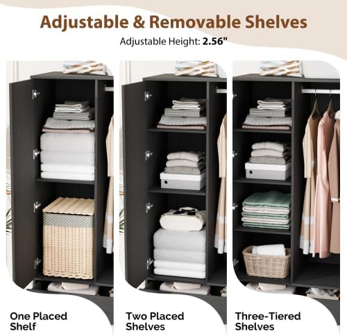 VINGLI Wardrobe Closet with Doors and Drawers, Rattan Armoire Closet with Hanging Rod, Rattan Armoire with Shelves and Doors, Wooden Wardrobe for Hanging Clothes, Black