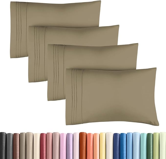 Standard Pillow Cases Set of 4 - Ultra Soft Hotel Quality Pillowcase Covers - Comfy Cozy Bedding for Women, Men, Kids & Teens - Machine Washable Pillow Protectors - 4 Piece Set - Standard Size Khaki
