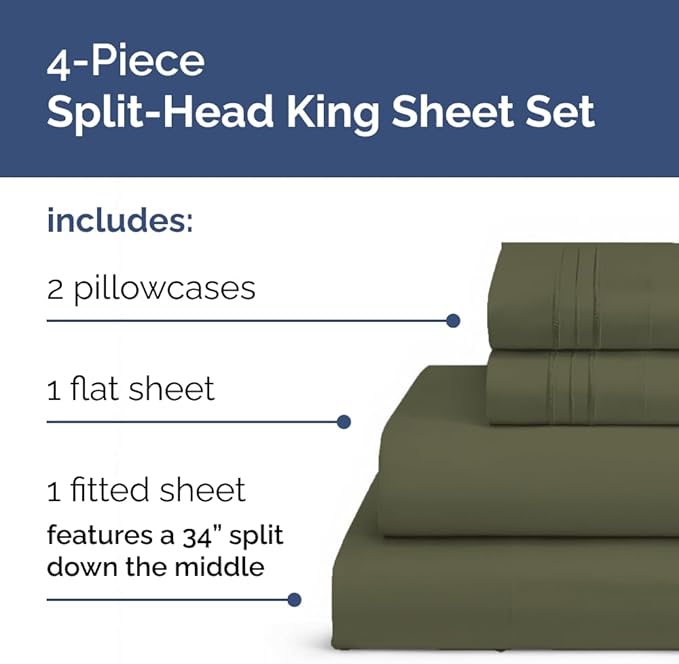Flex Top Split Head King 4 Piece Sheet Set - Ultra-Soft, Breathable & Cooling Bed Sheets Set - Hotel Luxury Bedding for Women & Men with Deep Pockets - Wrinkle and Fade Free - Oeko-Tex - Sage Green