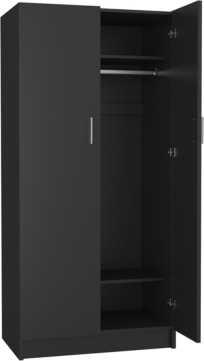 Panana 2 Door Wood Wardrobe Cabinet Closet with Hanging Rail and 2 Shelves, Bedroom Armoire for Storage (Black)