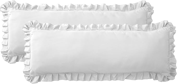 Ruffled Body Pillow Pillowcases Set of 2 – Soft Wrinkle Resistant Brushed Microfiber Body Pillowcases –Envelope Pillow Shams Festive Gift for Hotels, Guest Rooms 20x54 Inch (White)