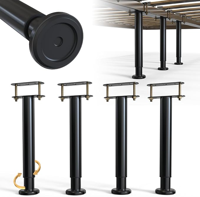 4-Piece Adjustable Height Bed Support Legs, Extra Sturdy Steel with Wider Rubber Base,King, Queen (10"-16.5")