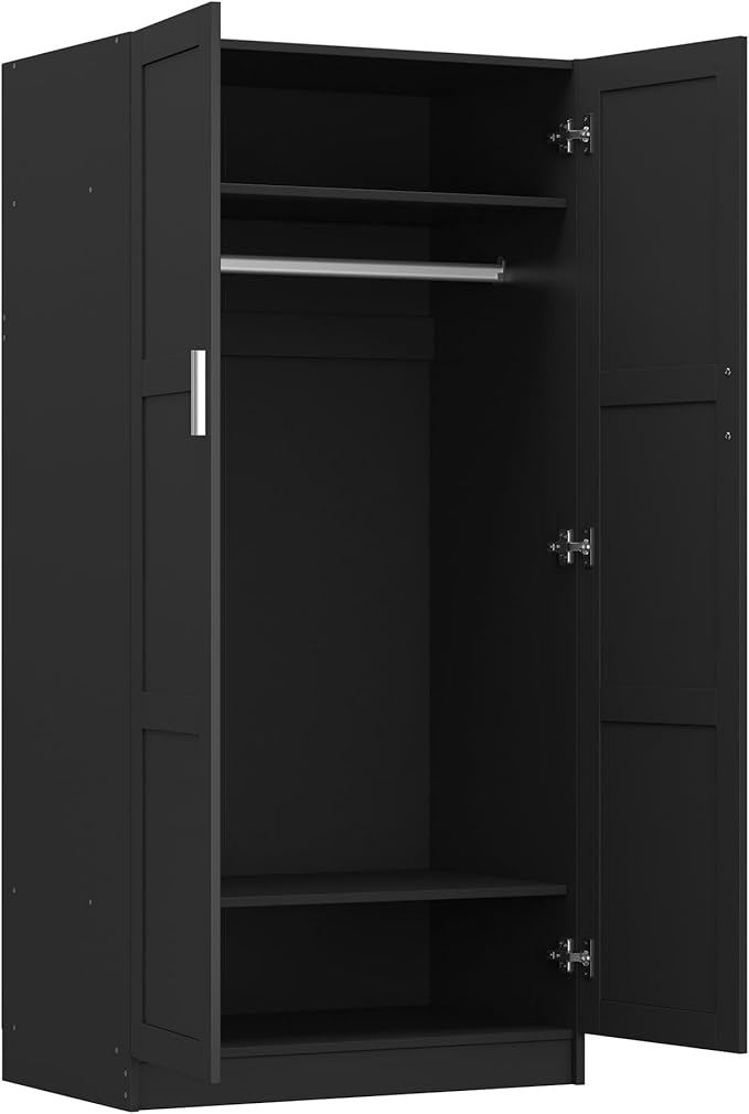 Panana Modern 2 Door Wardrobe Bedroom Armoires Closet Clothing Storage Cupboard with 2 Shelves & Hanging Rod for Bedroom (Black)