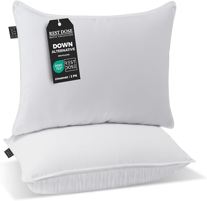 Bed Pillows for Sleeping, Set of 2 – Cooling, Hotel Quality with Soft Down Alternative Fill for Back, Stomach & Side Sleepers | White 100% Cotton Queen