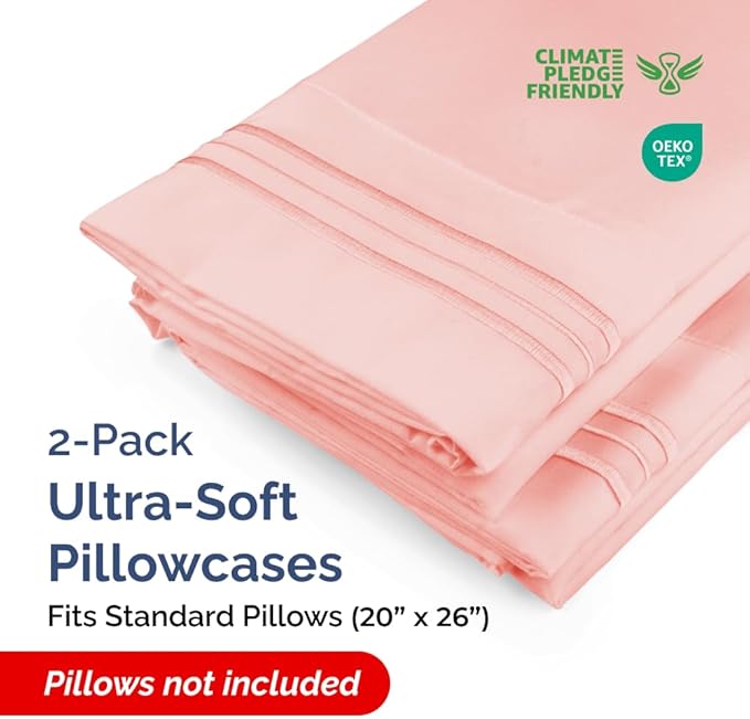 Standard Pillow Cases Set of 2 - Ultra-Soft Hotel Quality Pillowcase Covers - Comfy & Wrinkle Free - Stain and Fade Resistant - Machine Washable Pillow Protectors - 2 Piece Set - Baby Pink