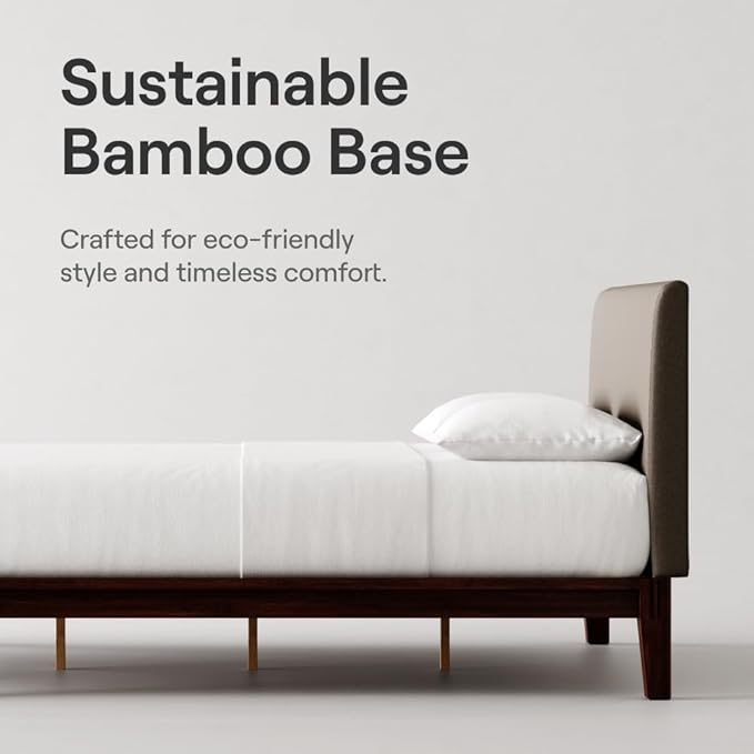 Nectar Bamboo Platform Bed Frame & Upholstered Headboard - Twin - Walnut/Slate - Floating Center Support Legs - 12” Height - Easy Tool Free Set Up - Sturdy Wooden Support Slats - Holds Up To 500 lbs