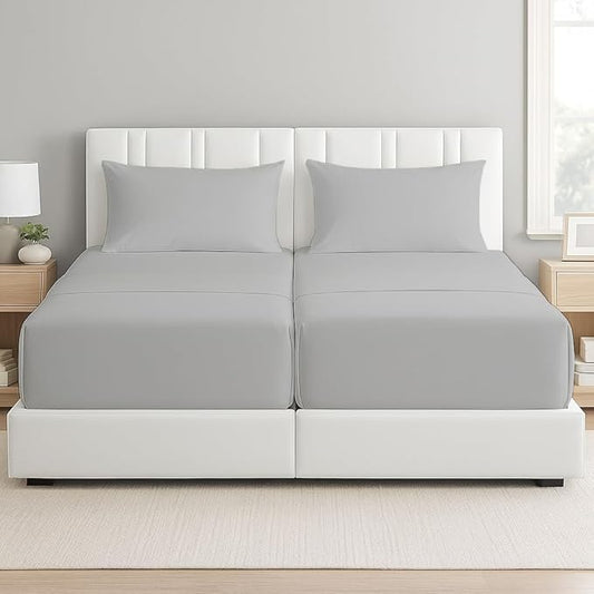 5 Piece Split Cal King Sheet Set, 100% Egyptian Cotton, 16 Inch Deep Pockets, Light Grey Solid, Soft Cooling Sheets for Adjustable Beds, Sleep Number Beds, Split Cal King Mattress Sheet Set